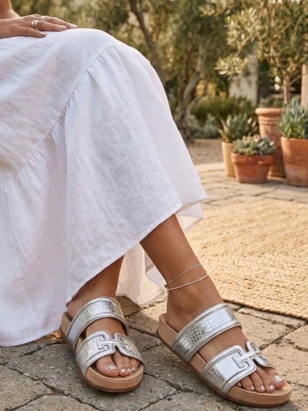 Sam Edelman Silver Croc-Embossed Double Strap Slide Sandals
